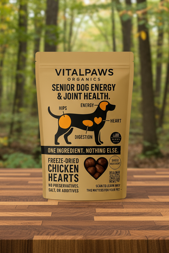 VitalPaws Organics senior dog energy and joint health supplement package on a beige background